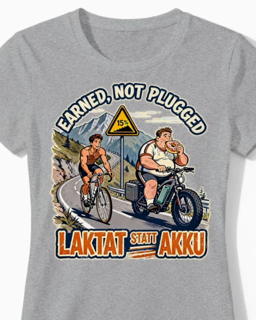 Laktat statt Akku | Das lustige Anti E-Bike Damenshirt für echte Radlerinnen graumeliert Close-Up