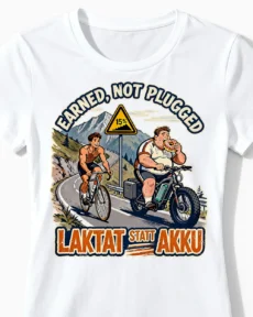 Laktat statt Akku | Lustiges Anti E-Bike & Fahrrad T-Shirt für Damen & echte Radlerinnen weiss Close-Up