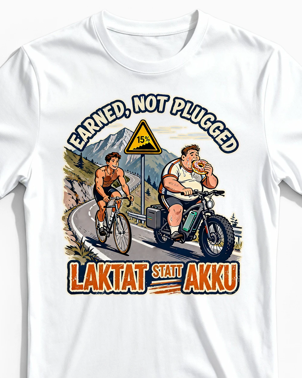 laktat-statt-akku-anti-e-bike-herrenshirt-weiss-cu Laktat statt Akku | Lustiges Anti E-Bike & Fahrrad T-Shirt für Herren & echte Radfahrer weiss Close-Up