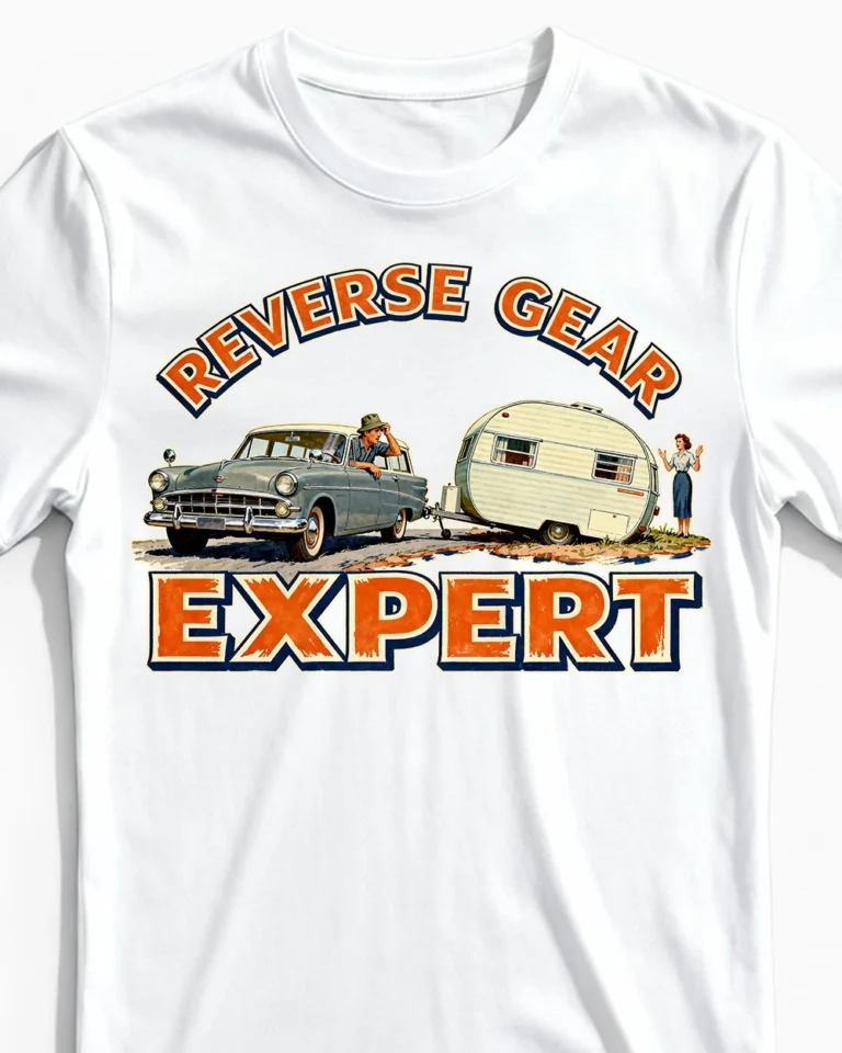 Reverse Gear Expert | Lustiges Wohnwagen & Camping T-Shirt für Herren & unerschrockene Gespannfahrer weiss Close-Up