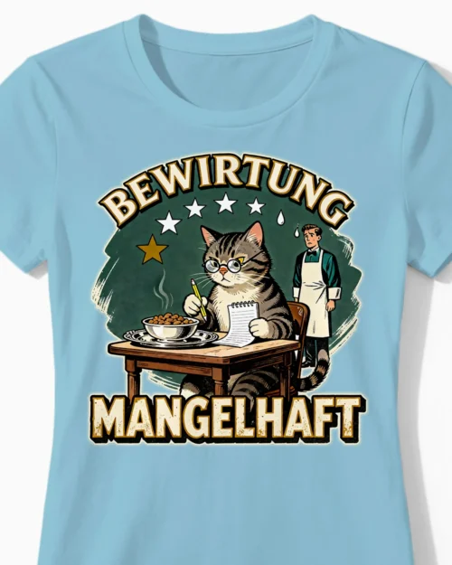 Bewirtung mangelhaft | Das lustige Katzen-Damenshirt für stolze Katzenmamas hellblau Close-Up