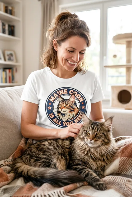 Lustiges Katzen T-Shirt für Damen im Vintage-Look. Illustration einer stolzen Maine Coon in einem runden Rahmen mit dem Schriftzug Maine Coon is all you need.