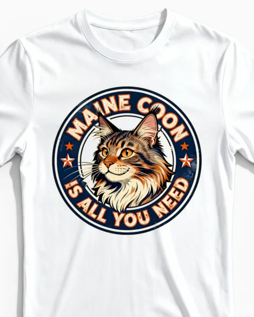 Maine Coon is all you need | Lustiges Katzen T-Shirt für Herren & stolze Katzenväter weiss Close-Up