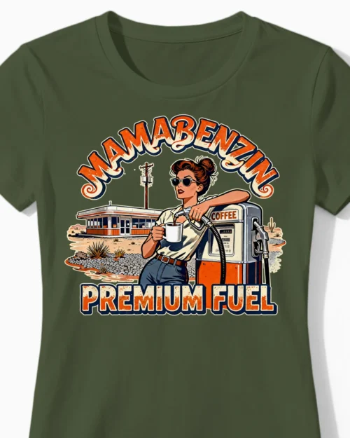 Mamabenzin Premium Fuel Kaffee-Damenshirt olive Close-Up