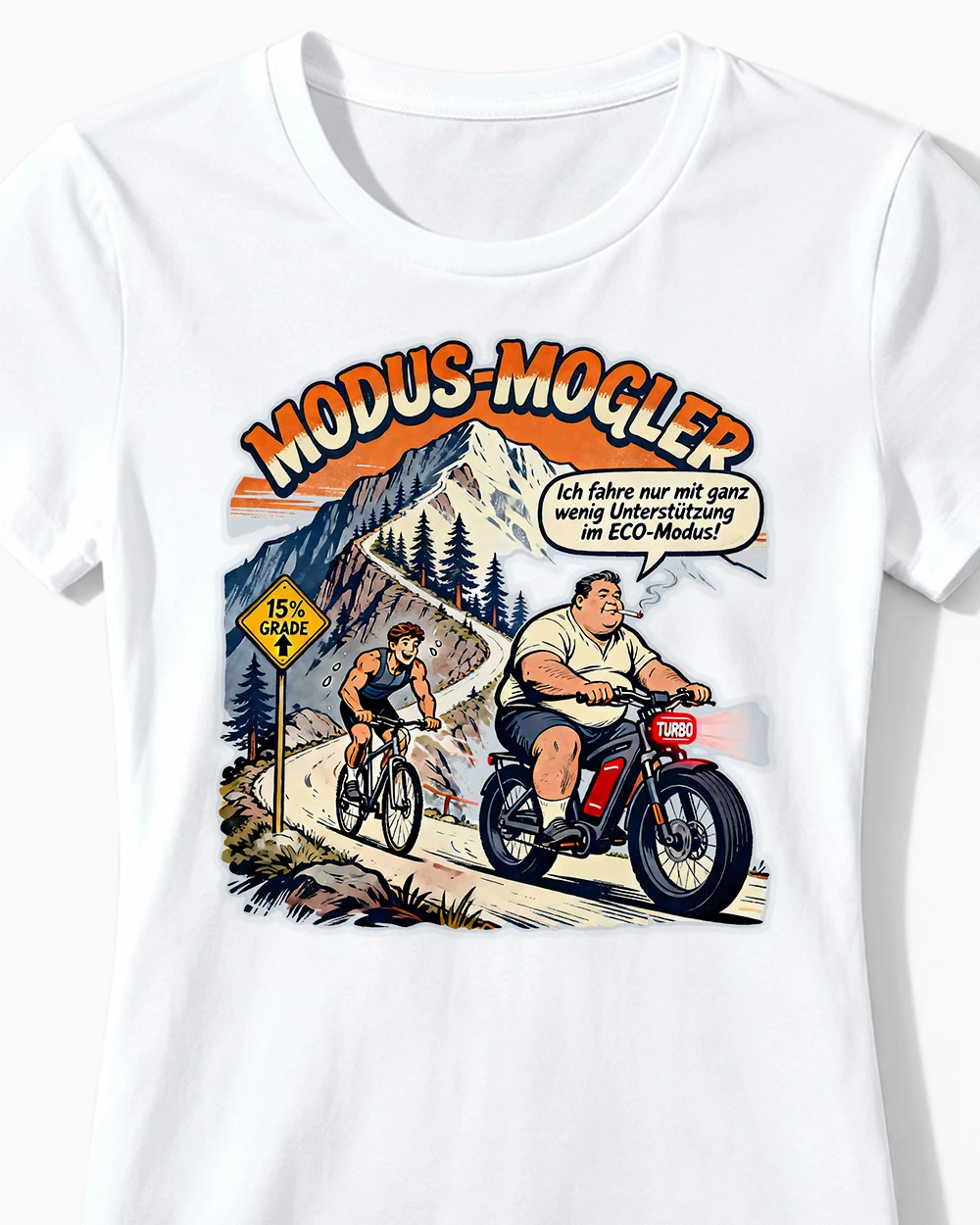 modus-mogler-lustiges-anti-e-bike-damenshirt-weiss-cu Modus-Mogler | Lustiges Anti E-Bike & Fahrrad T-Shirt für Damen und echte Wadl-Beißerinnen weiss Close-Up