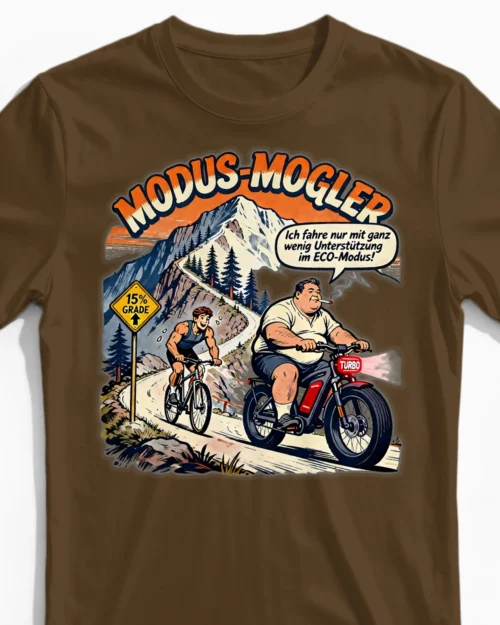 Modus-Mogler | Lustiges Anti-E-Bike-Herrenshirt braun Close-Up