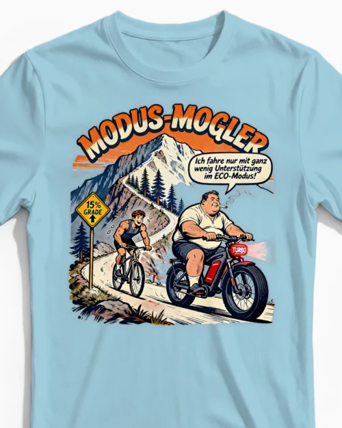 Modus-Mogler | Lustiges Anti-E-Bike-Herrenshirt hellblau Close-Up