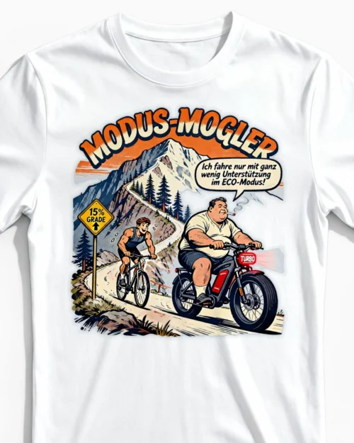 Modus-Mogler | Lustiges Anti-E-Bike-Herrenshirt weiss Close-Up