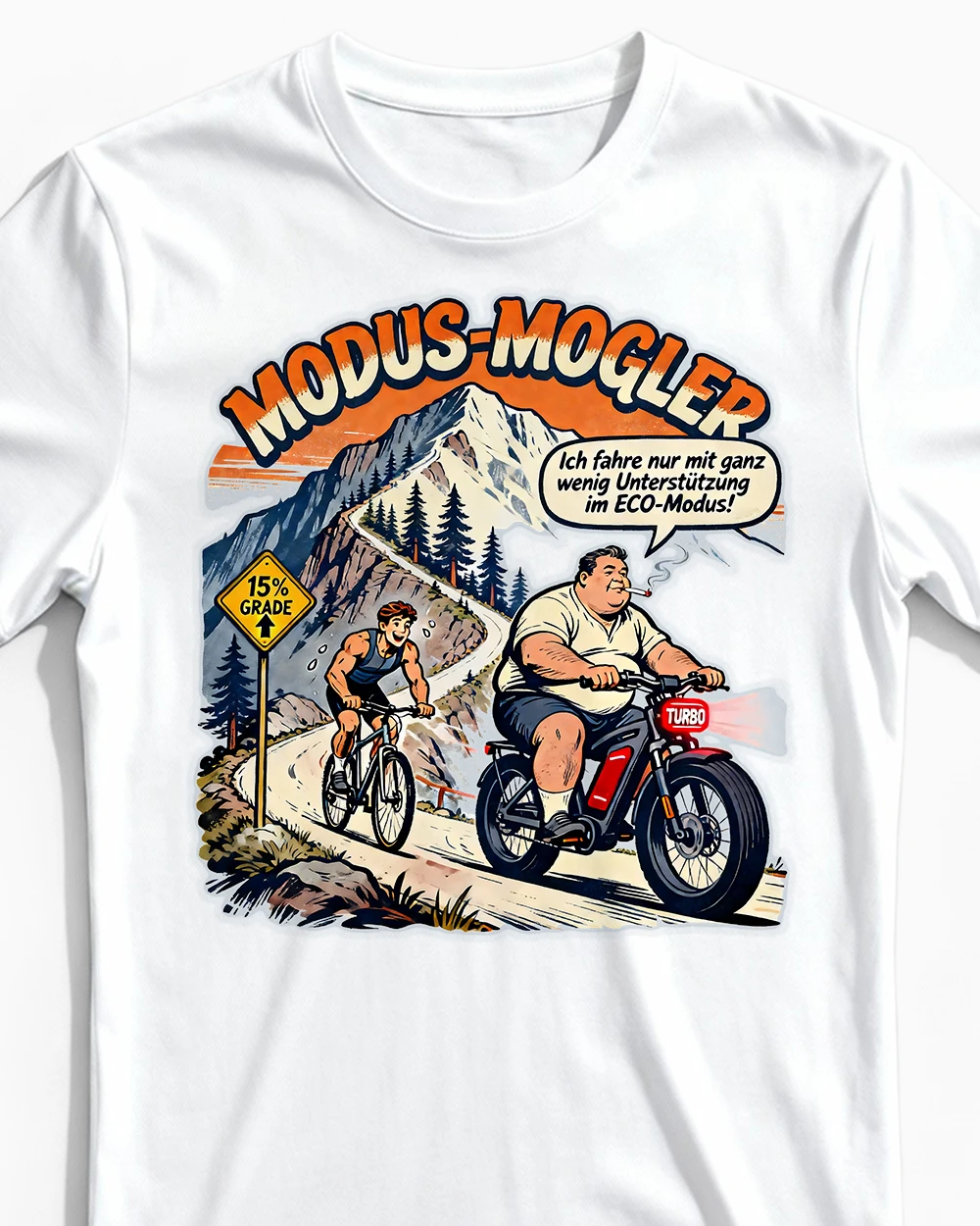 modus-mogler-lustiges-anti-e-bike-herrenshirt-weiss-cu Modus-Mogler | Lustiges Anti E-Bike & Fahrrad T-Shirt für Herren & echte Wadl-Beißer weiss Close-Up