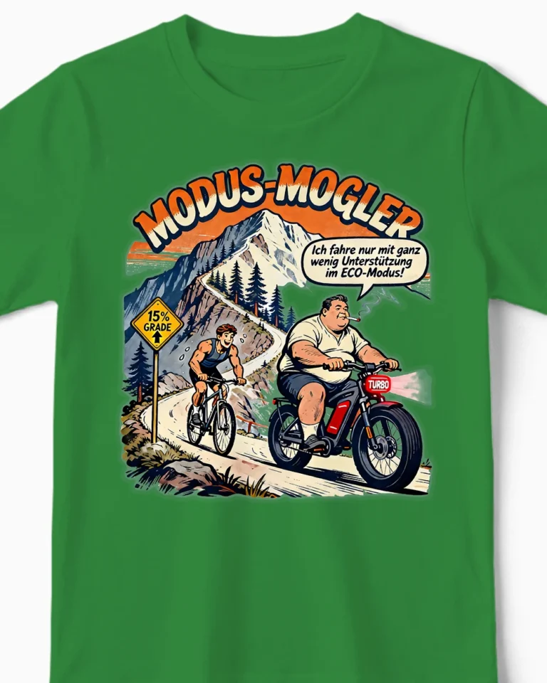 Modus-Mogler | Lustiges Anti-E-Bike-Kindershirt grün Close-Up