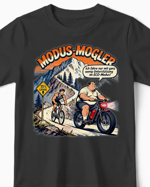Modus-Mogler | Lustiges Anti-E-Bike-Kindershirt schwarz Close-Up
