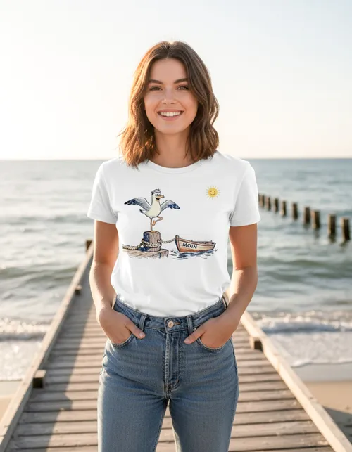Küsten-Yoga Möwe | Maritimes Moin-Damenshirt für entspannte Küsten-Perlen