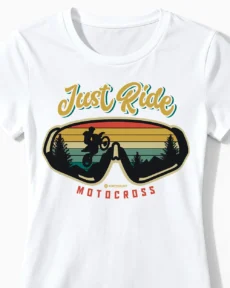 Just Ride | Das Retro Motocross & Enduro T-Shirt für Damen mit stylischem Goggle-Design weiss Close-Up