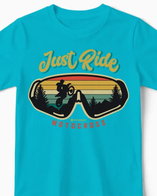 Just Ride | Das Motocross Kinder T-Shirt im Retro-Stil für den MX-Nachwuchs hellblau Close-Up