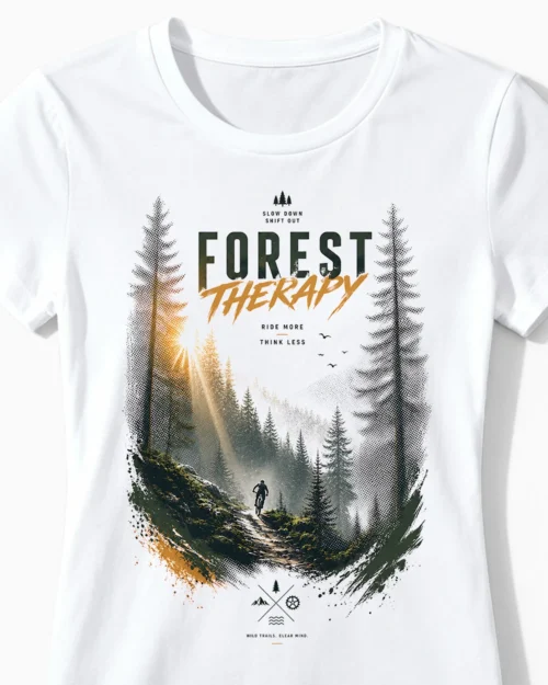 Forest Therapy | Stylisches Fahrrad & MTB T-Shirt für Damen & freiheitsliebende Bikerinnen weiss Close-Up