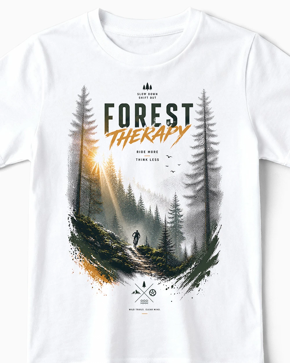 mtb-fahrrad-t-shirt-kinder-forest-therapy-weiss-cu Forest Therapy | Cooles Fahrrad & MTB T-Shirt für Kinder & kleine Trailabenteurer weiss Close-Up
