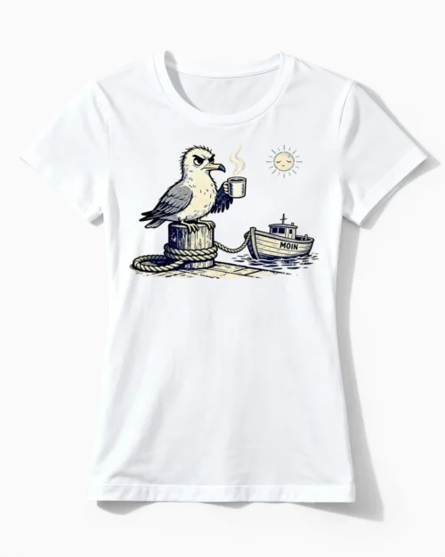 Mürrische Moin-Möwe | Lustiges Moin & Nordsee T-Shirt für Damen & echte Küsten-Perlen weiss