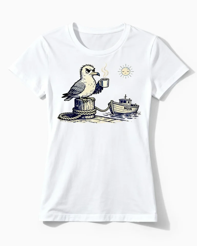 Mürrische Moin-Möwe | Lustiges Moin & Nordsee T-Shirt für Damen & echte Küsten-Perlen weiss