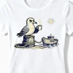 Mürrische Moin-Möwe | Lustiges Moin & Nordsee T-Shirt für Damen & echte Küsten-Perlen weiss Close-Up