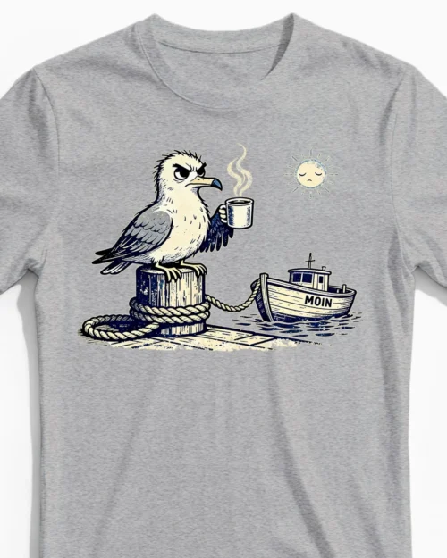 Mürrische Moin-Möwe Herrenshirt graumeliert Close-Up