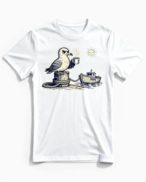 Mürrische Moin-Möwe | Lustiges Moin & Nordsee T-Shirt für Herren & echte Morgenmuffel weiss