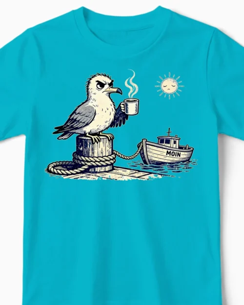 Mürrische Moin-Möwe Kindershirt hellblau Close-Up