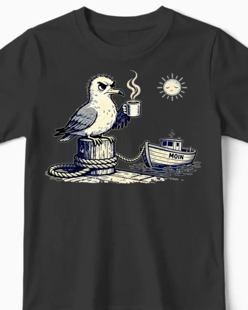 Mürrische Moin-Möwe Kindershirt schwarz Close-Up