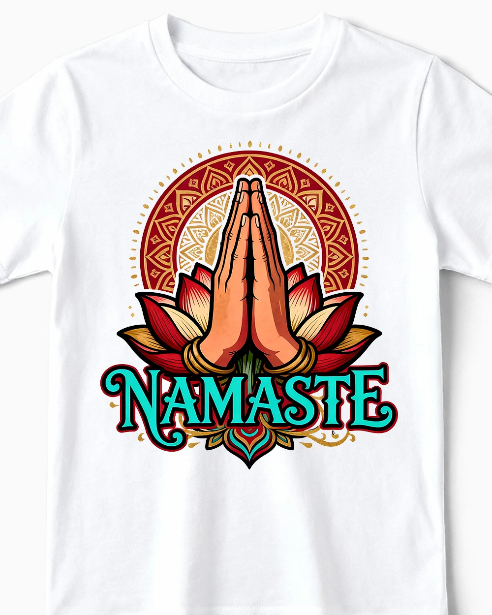 namaste-lotus-kindershirt-weiss-cu Namaste Lotus | Spirituelles Yoga T-Shirt für Kinder & kleine Nachwuchs-Yogis mit Zen-Faktor weiss Close-Up