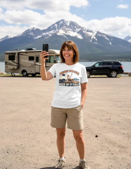 Need Wi-Fi First | Das ironische Camper-Damenshirt für Social-Media-Junkies