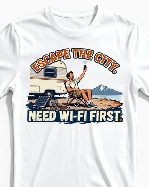 Need Wi-Fi First | Das ironische Camper-Herrenshirt weiss Close-Up