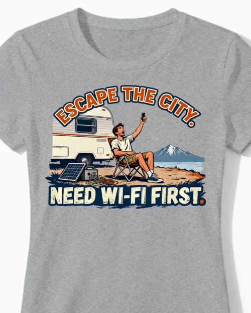 Need Wi-Fi First | Das ironische Camper-Damenshirt graumeliert Close-Up