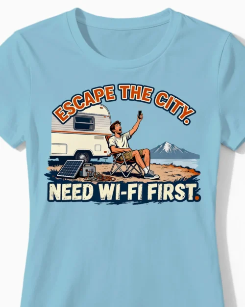 Need Wi-Fi First | Das ironische Camper-Damenshirt hellblau Close-Up
