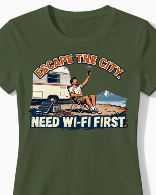 Need Wi-Fi First | Das ironische Camper-Damenshirt olive Close-Up