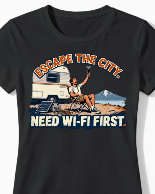 Need Wi-Fi First | Das ironische Camper-Damenshirt schwarz Close-Up