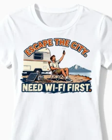 Need Wi-Fi First | Lustiges Camper & Vanlife T-Shirt für Damen & Social-Media-Junkies weiss Close-Up
