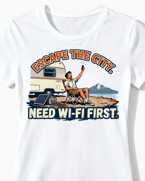 Need Wi-Fi First | Das ironische Camper-Damenshirt weiss Close-Up