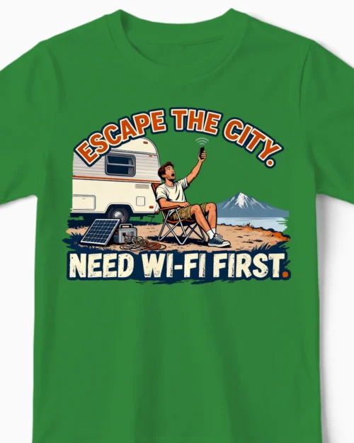 Need Wi-Fi First | Das ironische Camper-Kindershirt grün Close-Up