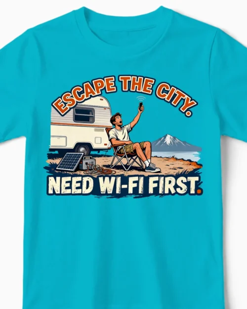 Need Wi-Fi First | Das ironische Camper-Kindershirt hellblau Close-Up