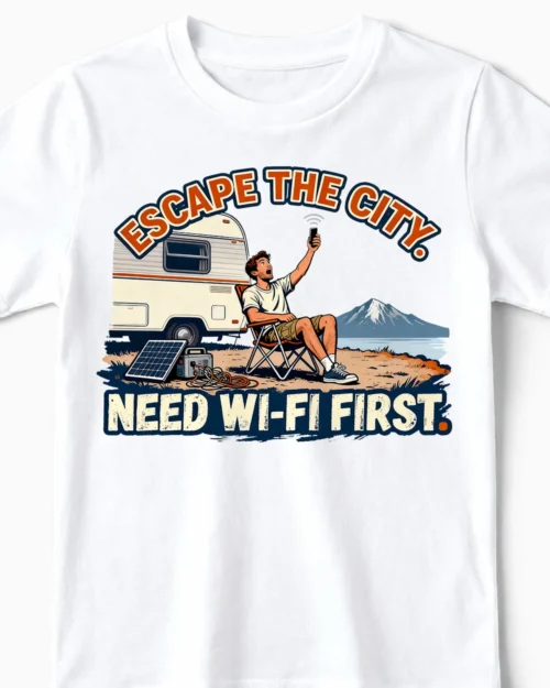 Need Wi-Fi First | Das ironische Camper-Kindershirt weiss Close-Up