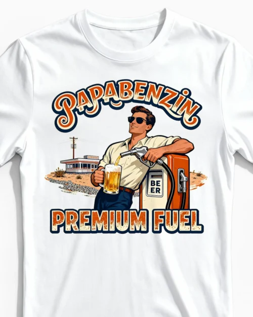 Papabenzin Bier Herrenshirt weiss Close-Up