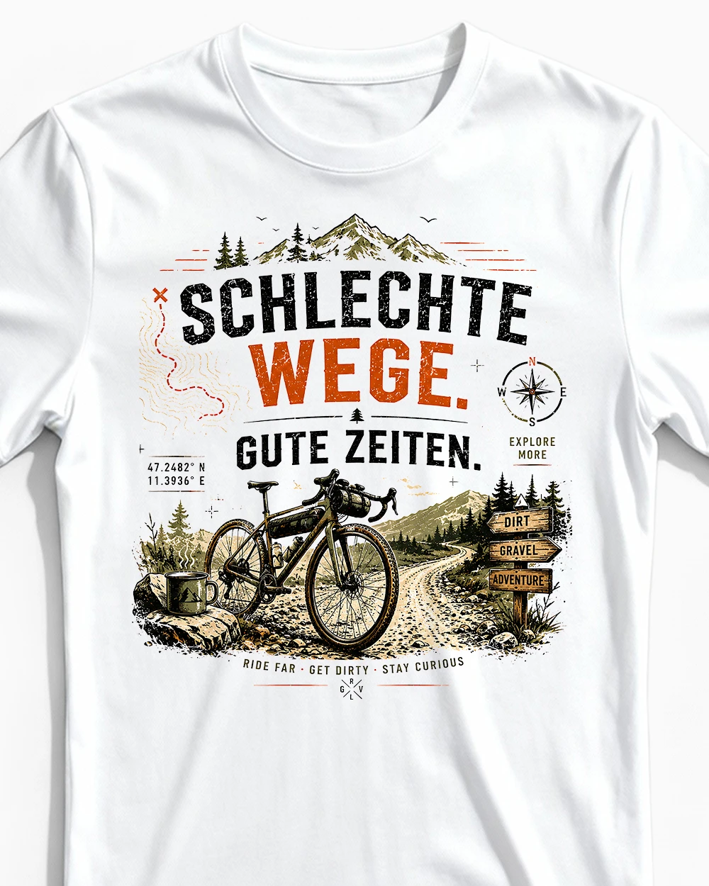 schlechte-wege-gute-zeiten-gravelbike-t-shirt-herren-weiss-cu Schlechte Wege. Gute Zeiten. | Gravel & Fahrrad T-Shirt für Herren weiss Close-Up