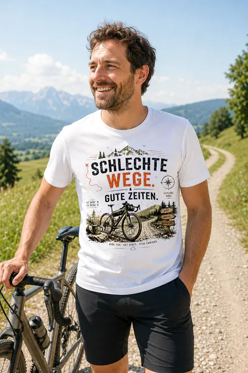 Gravel Fahrrad T-Shirt für Herren im Outdoor-Retro-Look. Motiv mit Gravelbike auf Schotterpiste, Bergen, Campingbecher, Wegweiser und „Schlechte Wege. Gute Zeiten.“ Spruch.
