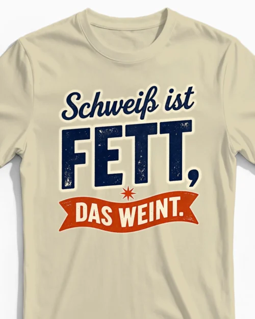 Schweiß ist Fett, das weint | Motivierendes Fitness Herrenshirt beige Close-Up