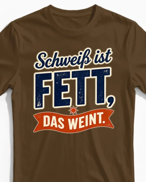 Schweiß ist Fett, das weint | Motivierendes Fitness Herrenshirt braun Close-Up