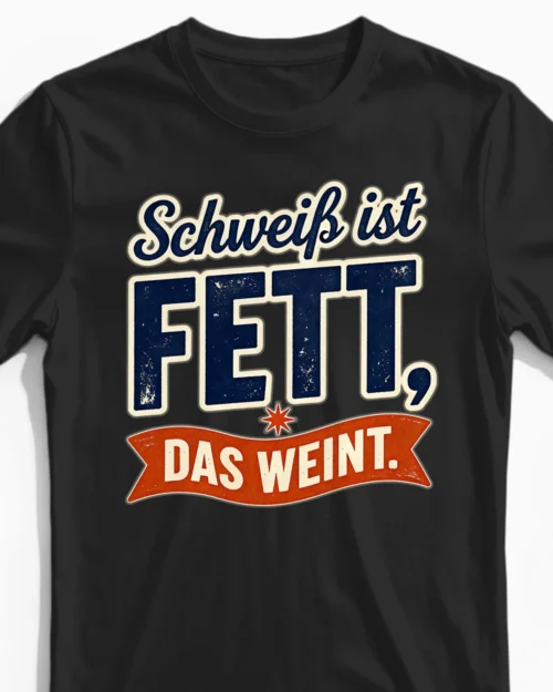 Schweiß ist Fett, das weint | Motivierendes Fitness Herrenshirt schwarz Close-Up