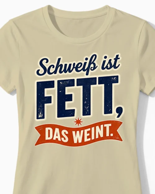 Schweiß ist Fett, das weint | Motivierendes Fitness Damenshirt beige Close-Up