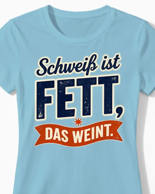 Schweiß ist Fett, das weint | Motivierendes Fitness Damenshirt hellblau Close-Up