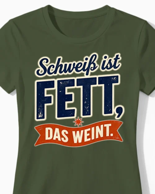 Schweiß ist Fett, das weint | Motivierendes Fitness Damenshirt olive Close-Up