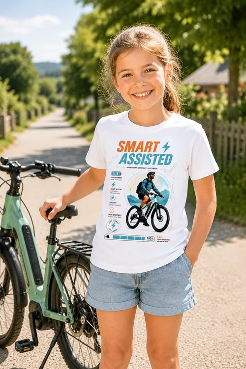 Cooles E-Bike Fahrrad T-Shirt für Kinder im modernen Tech-Design. Motiv mit E-Bike Fahrer, Akkuanzeige, Bergen, Smart Assisted Schriftzug und Outdoor-Grafik.