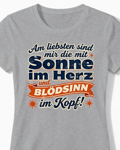Sonne im Herz & Blödsinn im Kopf | Lustiges Damenshirt graumeliert Close-Up